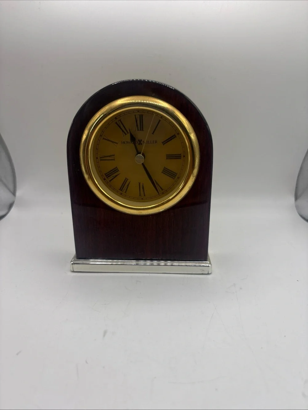 Howard Miller Desk Alarm Clock 613-487 Brown Wood Brass Roman Numeral Quartz